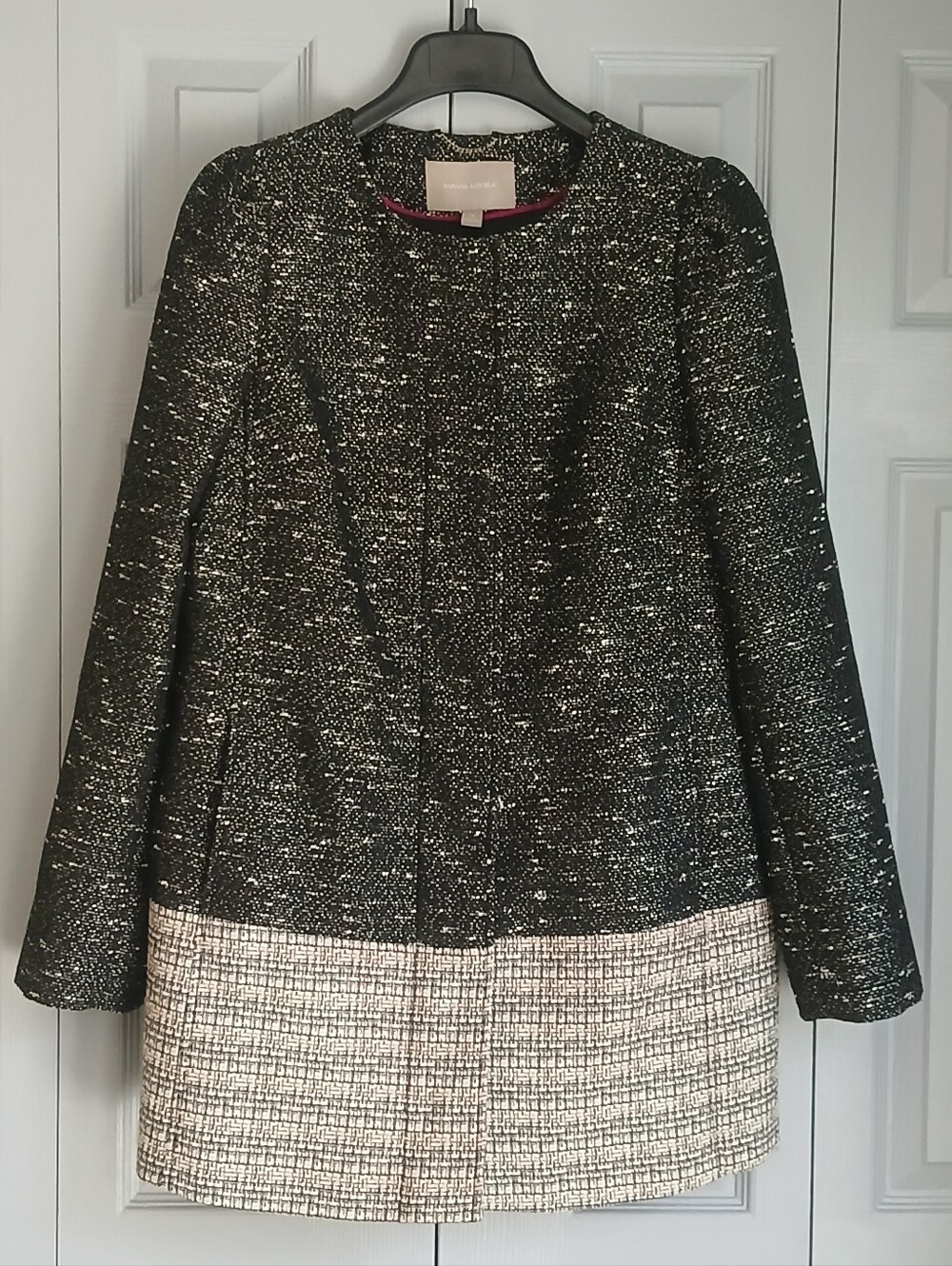 Banana Republic Collarless Tweed Boucle Coat Jacket Women Medium Black Cream